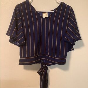 Japna tie waist cross back short flutter sleeves navy blue‎ gold striped top
